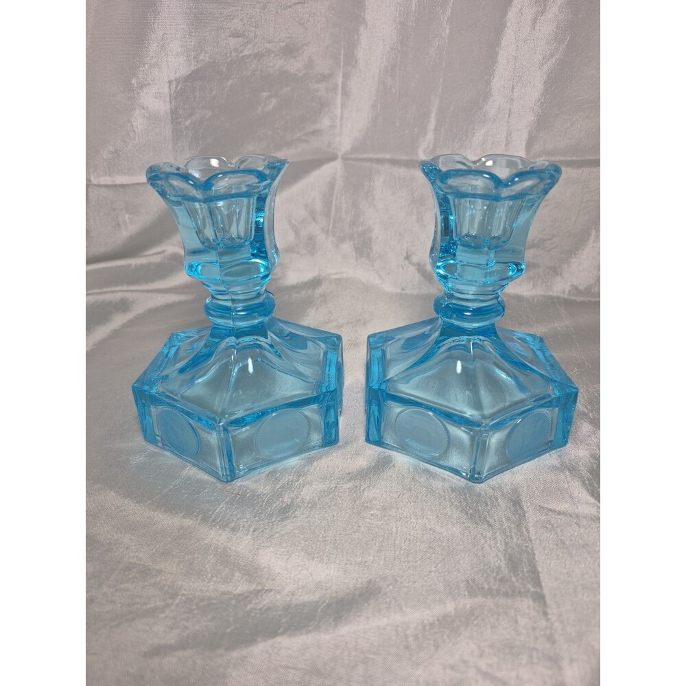 Vintage Fostoria Aqua Liberty Coins Blue  2 Candlestick Holders